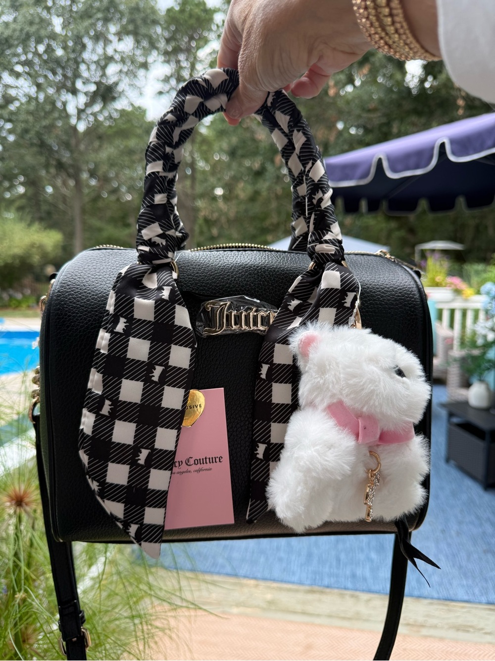 Juicy Couture Black Satchel with Checkered Scarf and Plush Charm